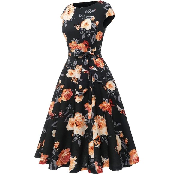 Dresstells Women's Black Yellow Modest Vintage Cocktail Formal Party Dresses - Picture 4 of 4